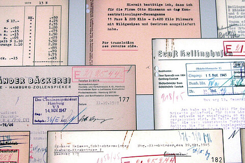 Ausschnitt aus der Hauptausstellung mit ausgestellten Quellen, Foto: KZ-Gedenkstätte Neuengamme, 2013.
