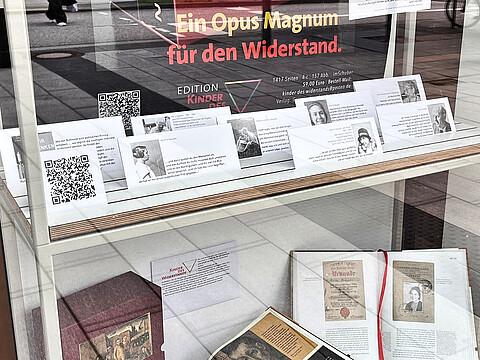 Detail der aktuellen Schaufenstergestaltung mit Karten mit Biografien