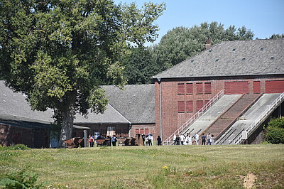 Besucher der Gedenkstätte vor dem historischen Klinkerwerk