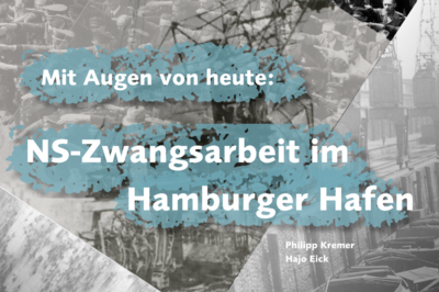 Titeltafel der Ausstellung zu NS-Zwangsarbeit im Hamburger Hafen mit schwarzweißbildern, darüber der Ausstellungstitel in weiß hellblau unterlegt.