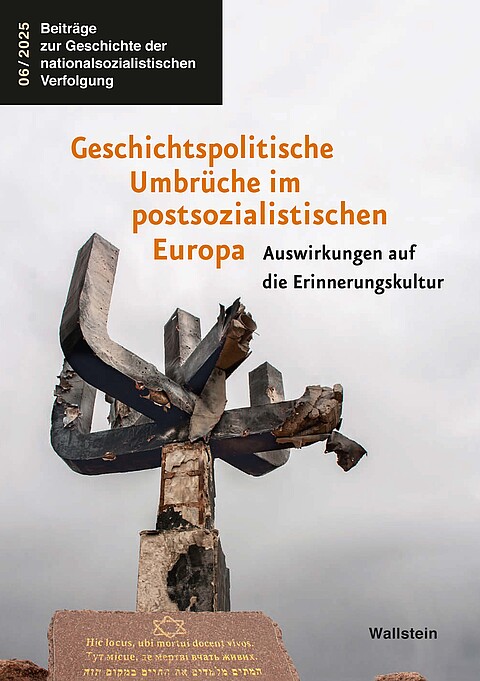 Cover der Publikation "Geschichtspolitische Umbrüche" mit einem Foto eines zerstörten Mahnmals in der Ukraine
