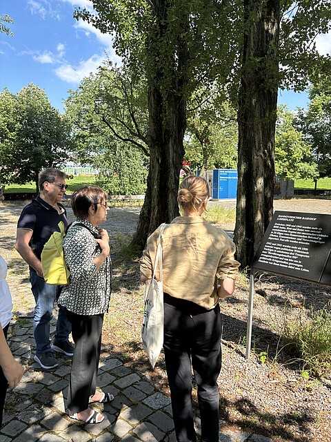 3 Pesonen blicken in einem Park auf eine Infotafel, im Hintergrund der Infopavillion.