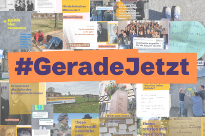 Collage an Beiträgen, die im Rahmen der Kampagne #GeradeJetzt in den Sozialen Medien gepostet wurden. Im Vordergrund der Schriftzug #GeradeJetzt