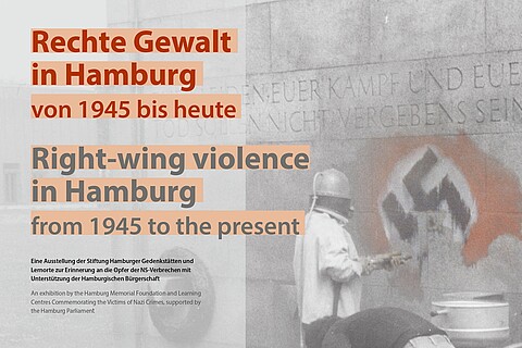 Ausstellungsplakat, im Hintergrund ein historisches Foto auf dem zwei Menschen eine Hakenkreuzschmiererei entfernen, im Vordergrund der Titel