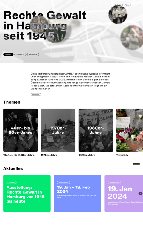 Screenshot der Startseite, Introtext, Themenbuttons und Veranstaltungen
