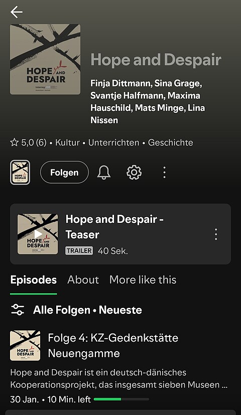 Screenshot von Spotify mit Überblick und der Folge zur KZ-Gedenkstätte Neuengamme