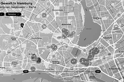 Eine Hamburgkarte mit vielen Ereignispunkten. Oben links der Text Rechte Gewalt in Hamburg. Taten, Reaktionen, Gegenwehr